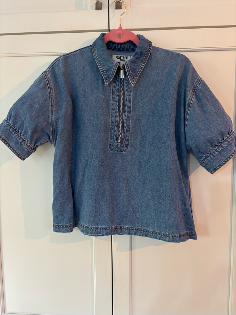 Velvet Heart Light Blue Denim Half-Zip Button Down Top
